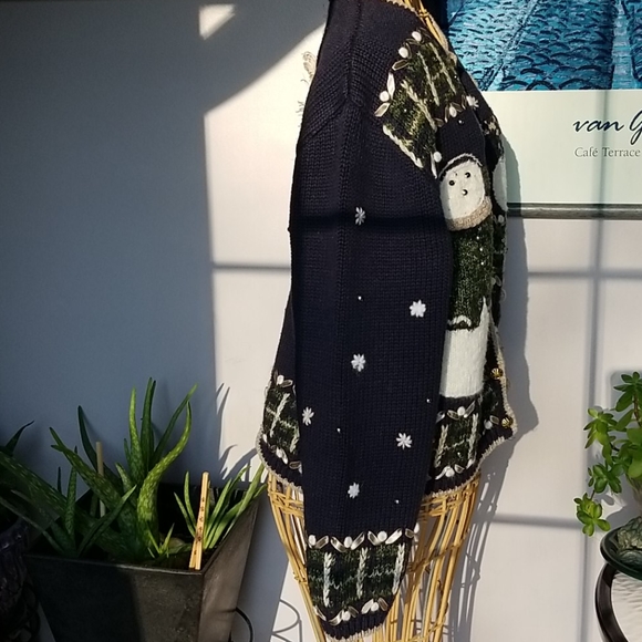 Vintage Holiday Christmas Embroidered Snowman Blue Button Down Sweater - Picture 4 of 7